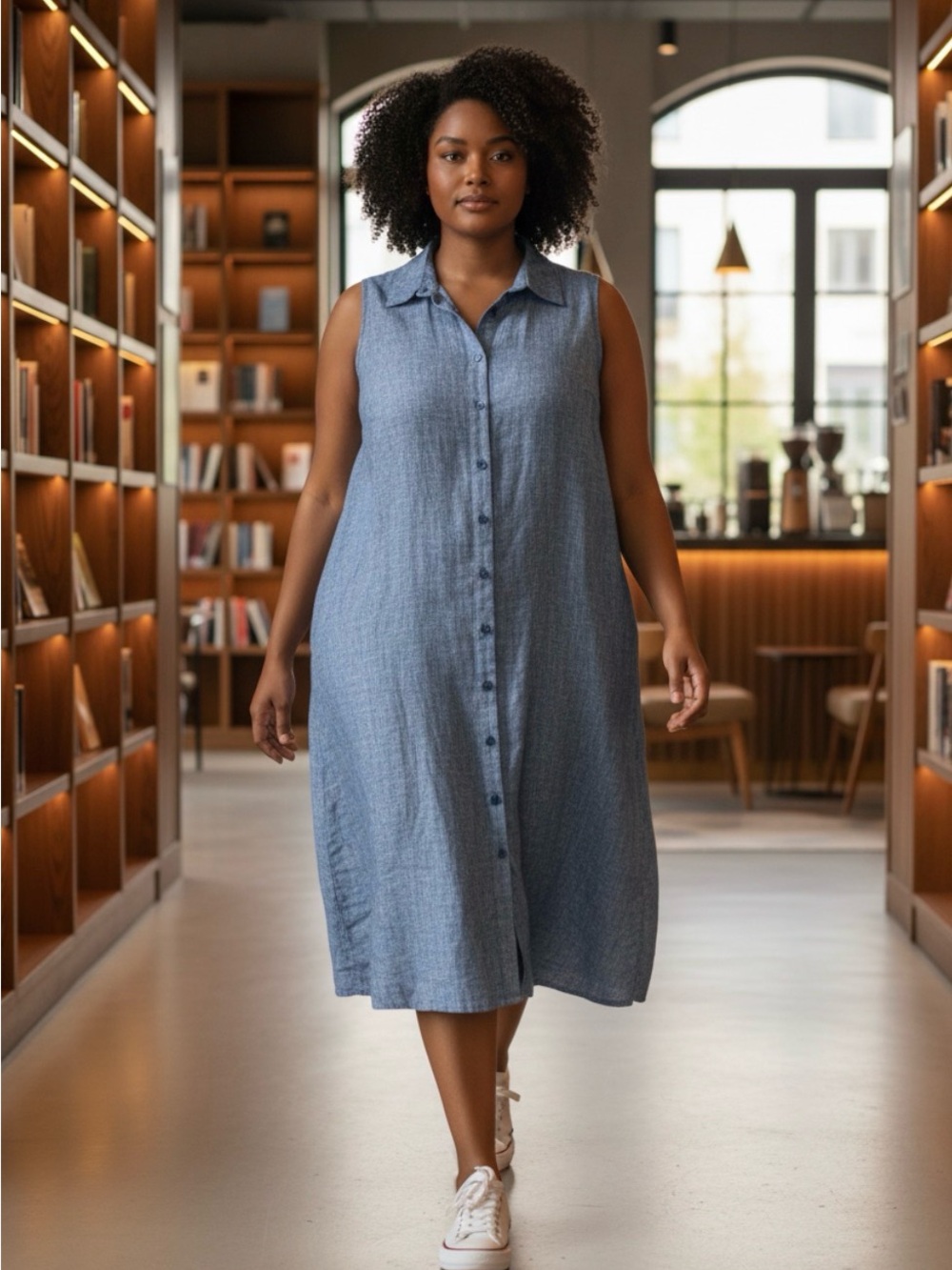 Sleeveless Button-Front lChambray Dress in Blue